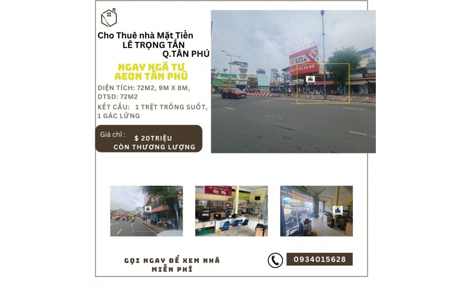 SỐC- Cho thuê nhà mặt tiền Lê Trọng Tấn 72m2, 20Triệu-NGAY NGÃ TƯ